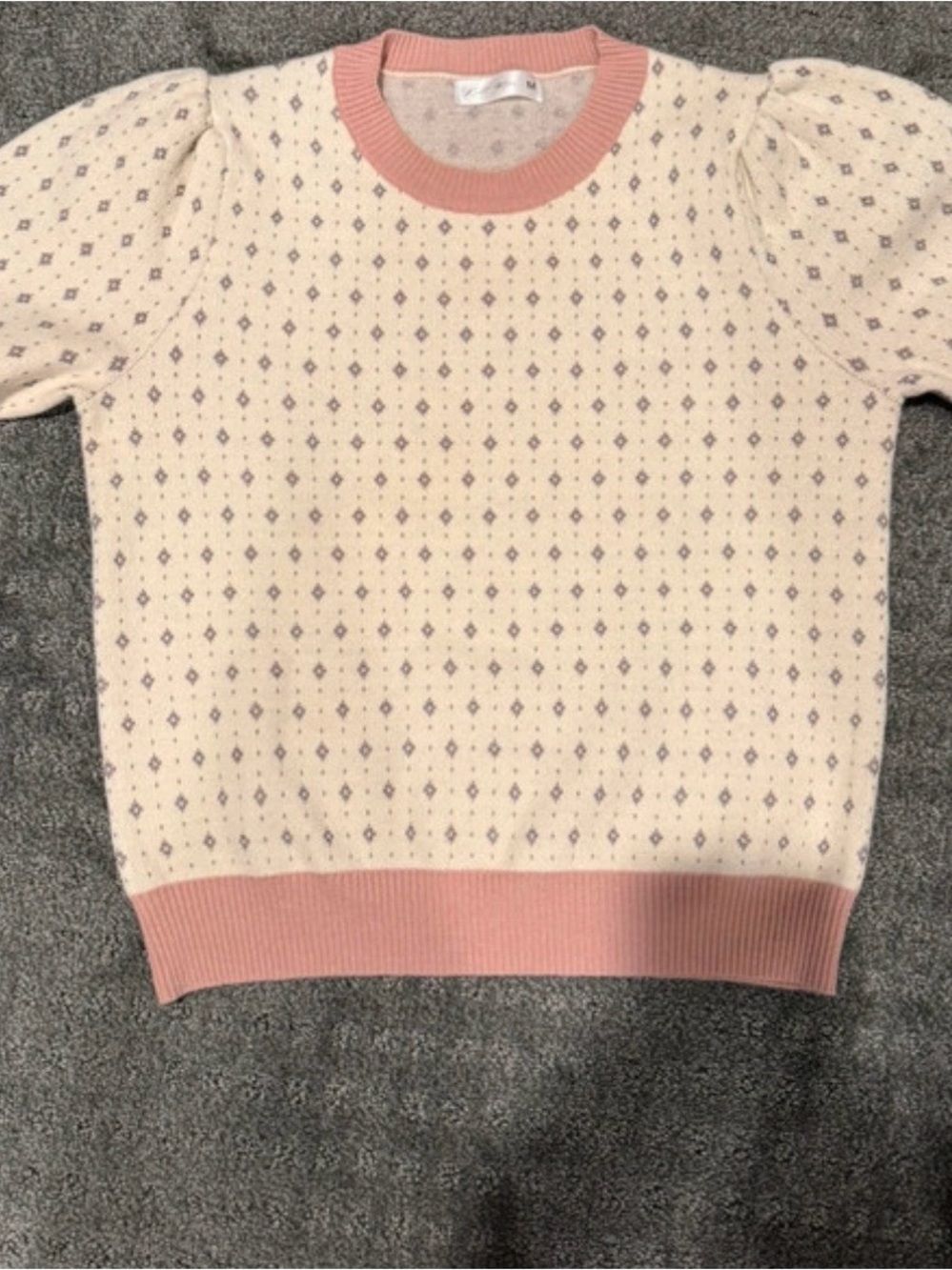 Cream & Pink Puff-Sleeve Patterned Crewneck Sweater